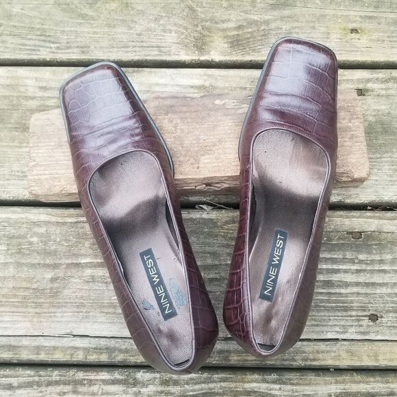 Vintage 90s y2k Brown Leather Croc Embossed Square Toe Chunky Heel Pumps 7 - Picture 3 of 14